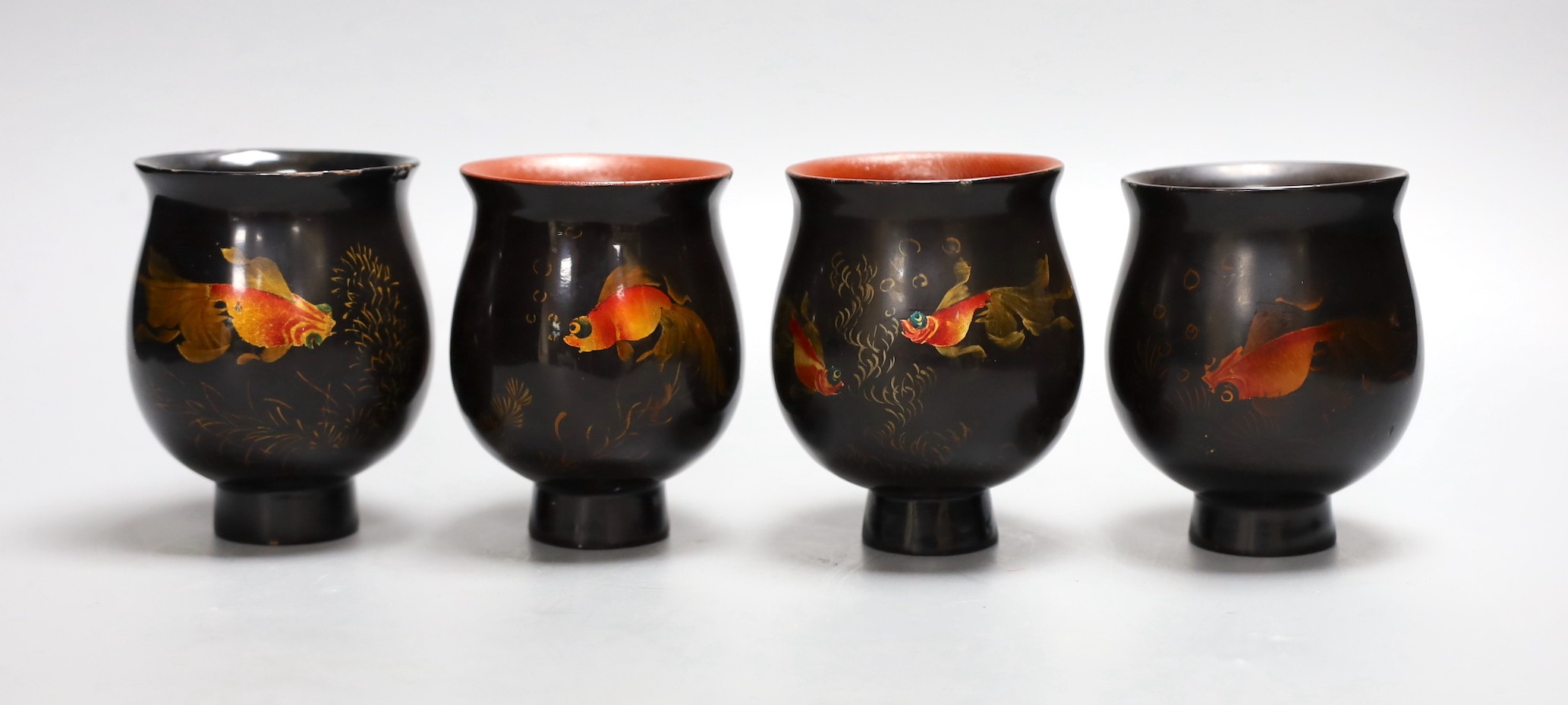 Four Vietnamese lacquer goldfish cups, 10 cms high